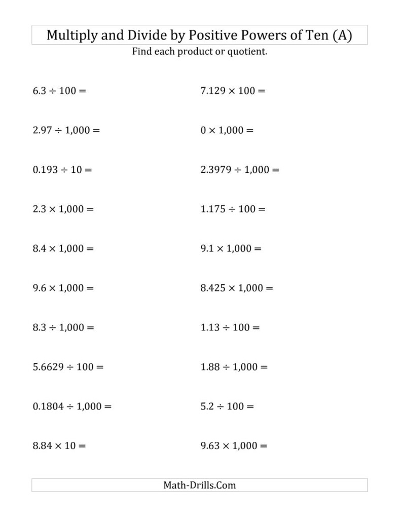 Multiplying And Dividing Decimals By Powers Of 10 Worksheets