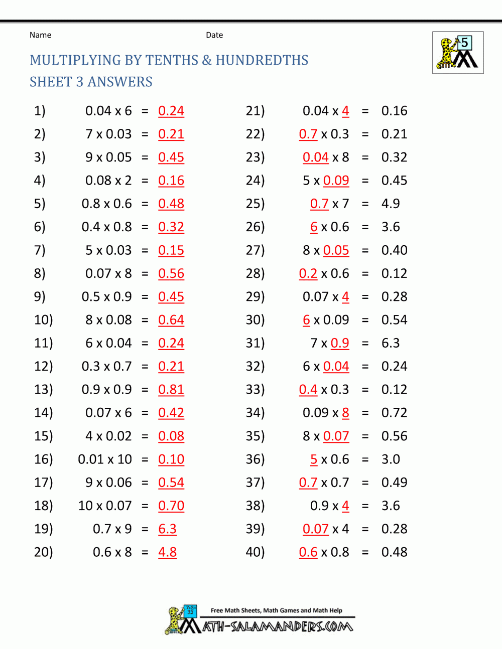 Multiplying By Tenths And Hundredths Sheet 3 Answers Multiplying 