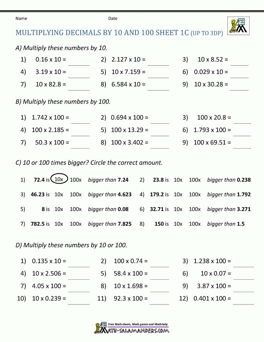 Multiplying Decimals By 10 100