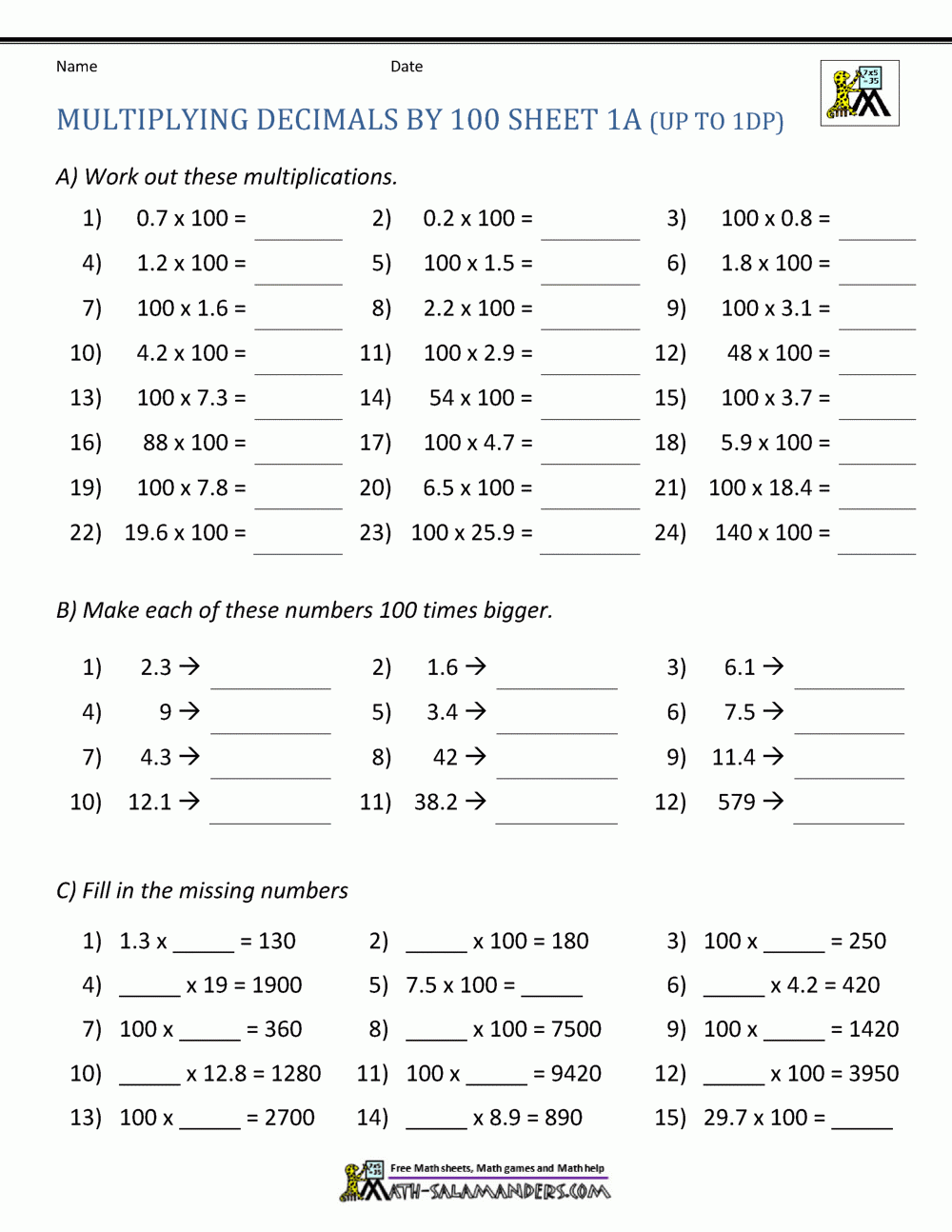 Multiplying Decimals By 10 100