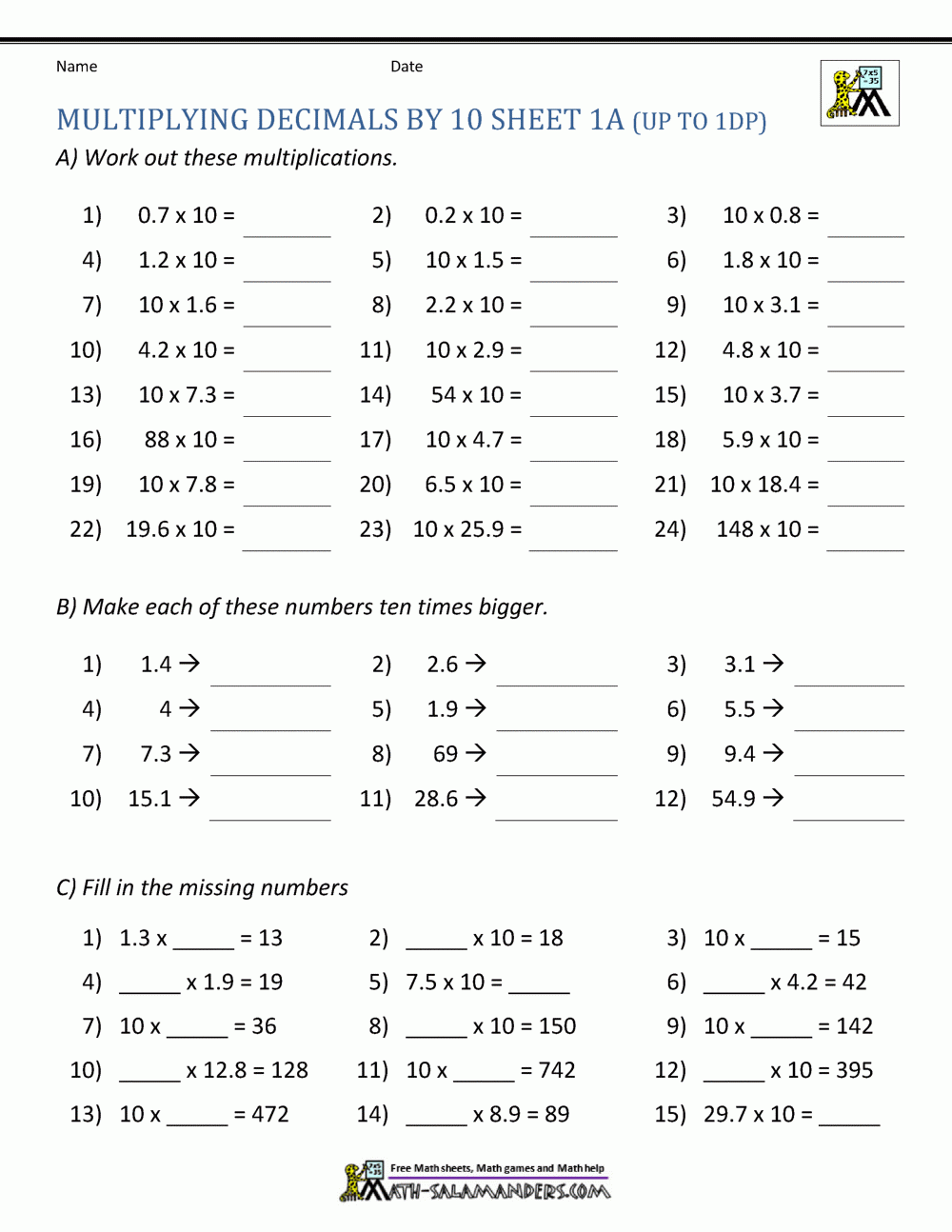 Multiplying Decimals By 10 100