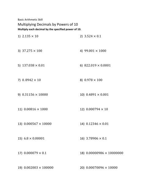 Multiplying Decimals By Powers Of 10 Worksheet