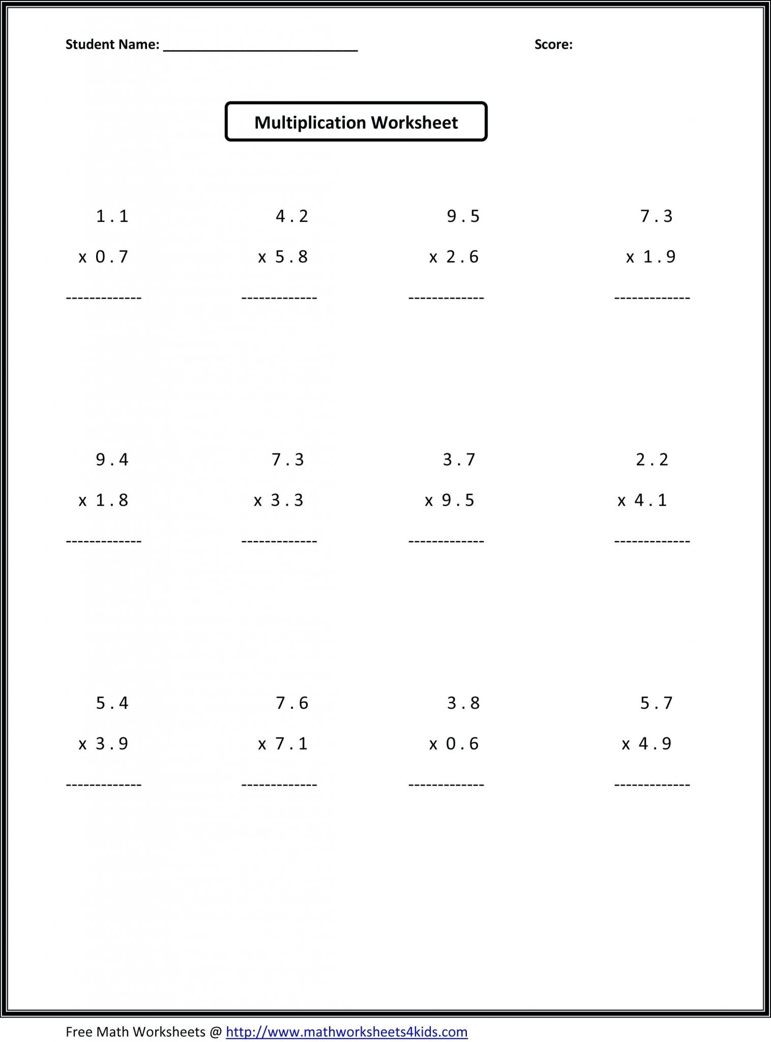 Multiplying Decimals Worksheets 6th Grade