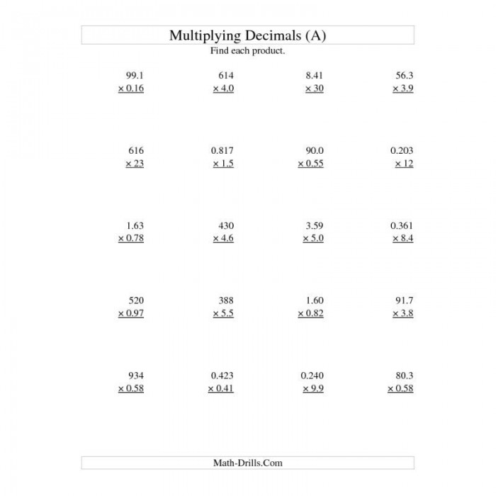 Multiplying Decimals Worksheets 99Worksheets