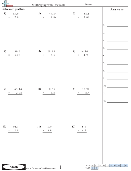 Multiplying Decimals Worksheets 99Worksheets