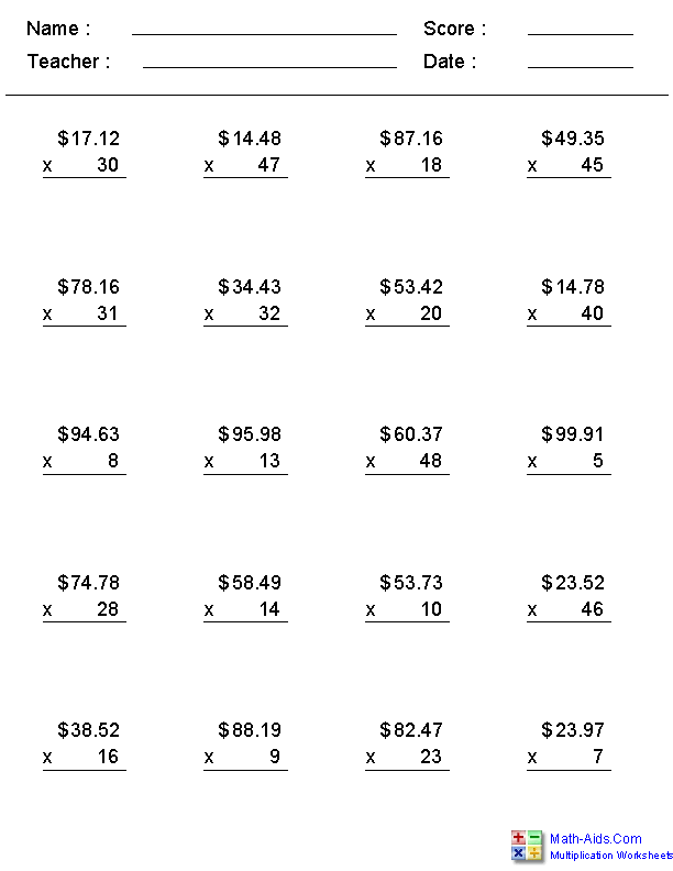 Multiplying Money Worksheets Multiplication Worksheets 4th Grade 