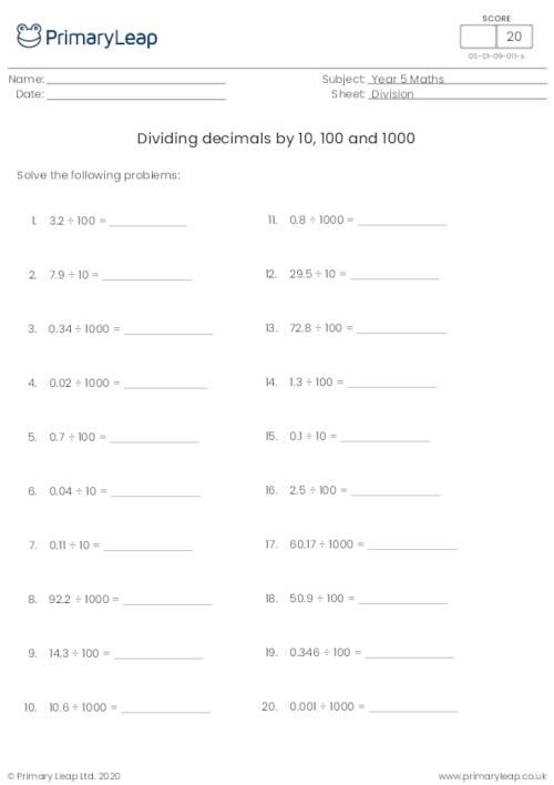 Numeracy Dividing Decimals By 10 100 And 1000 Worksheet 