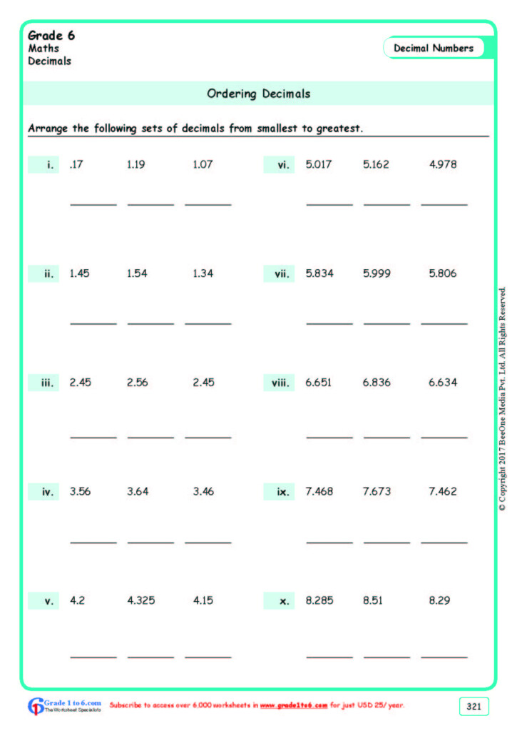 Ordering Decimals Worksheets Smallest To Largest Grade 6