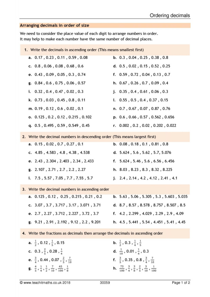 Ordering Fractions And Decimals From Least To Greatest Worksheet