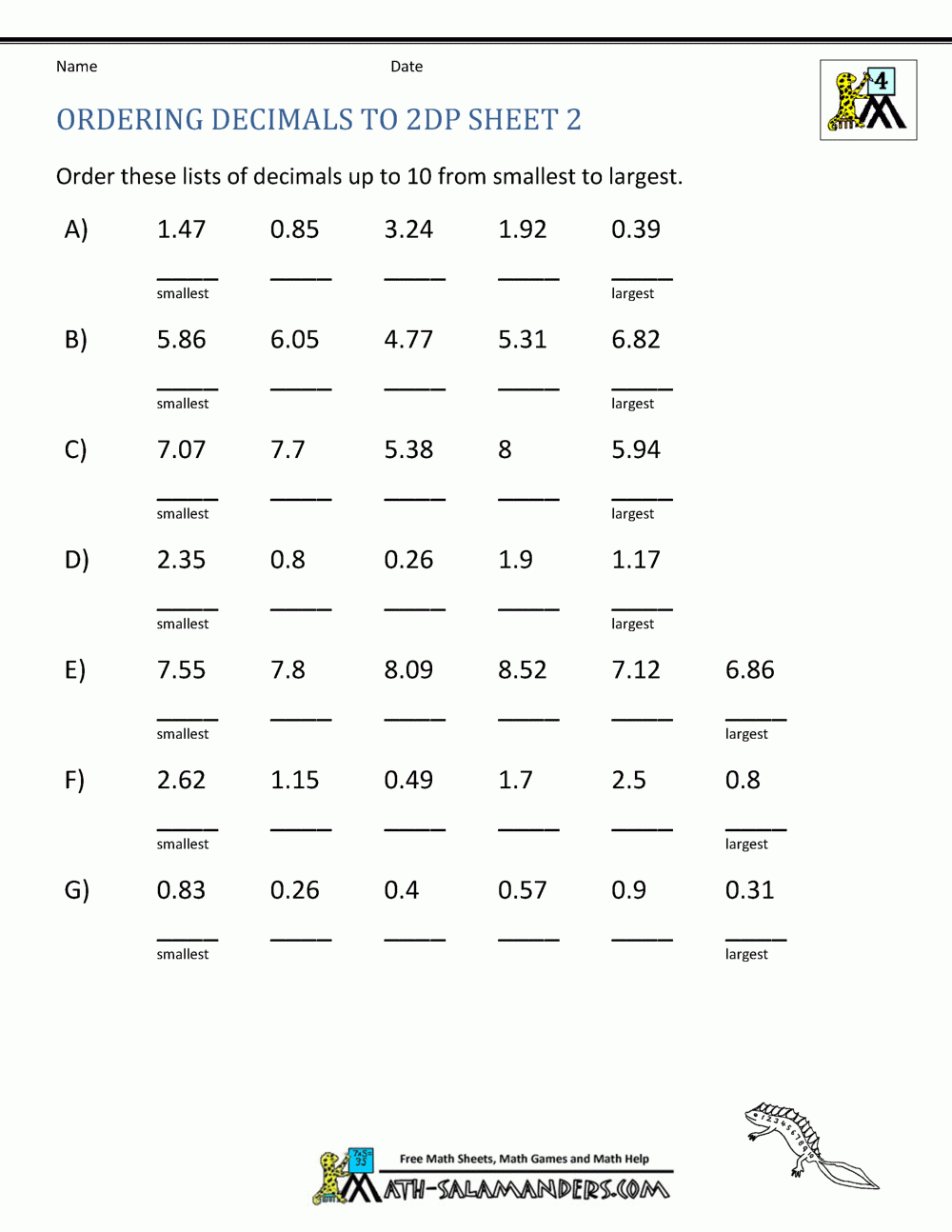 Ordering Fractions And Decimals From Least To Greatest Worksheet 