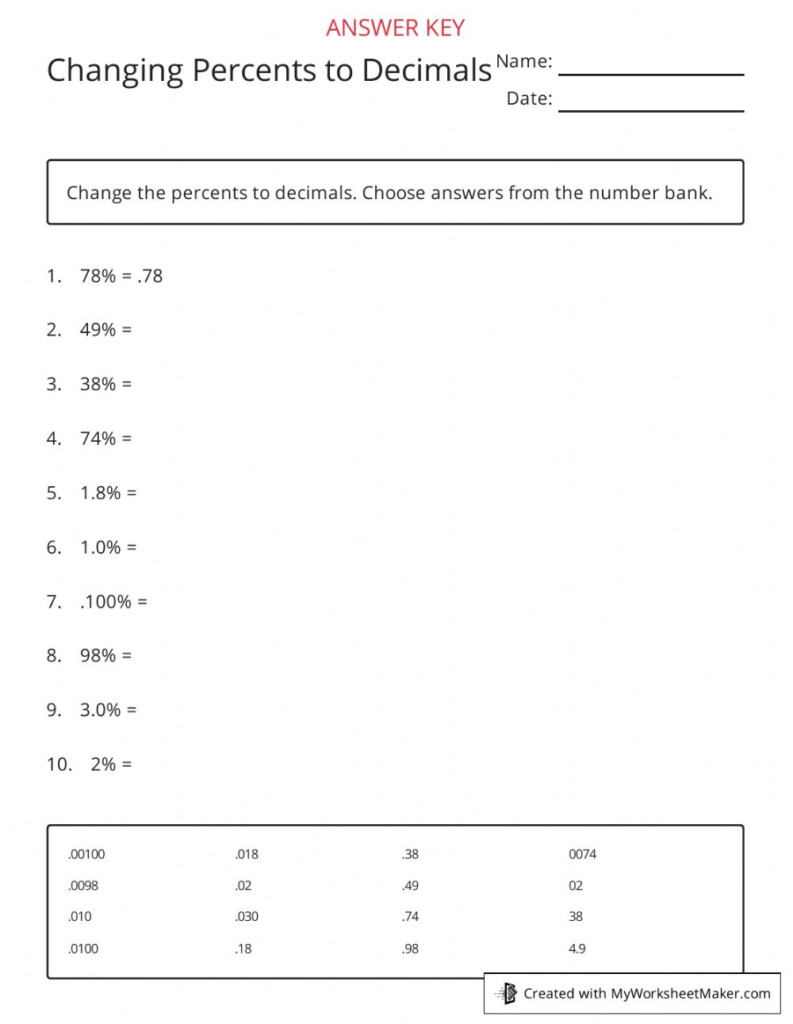 Percents To Decimals Worksheet