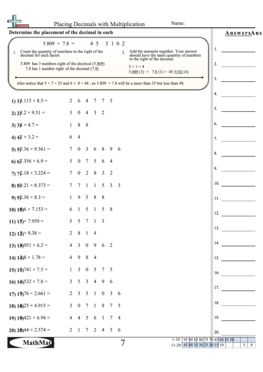 Placing Decimals With Multiplication Worksheet With Answer Key 