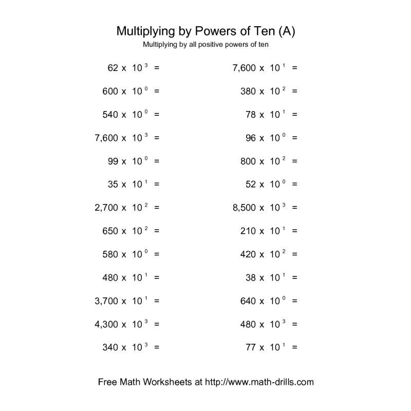 Powers Of Ten Worksheet Whole Numbers Multiplied By All Positive 