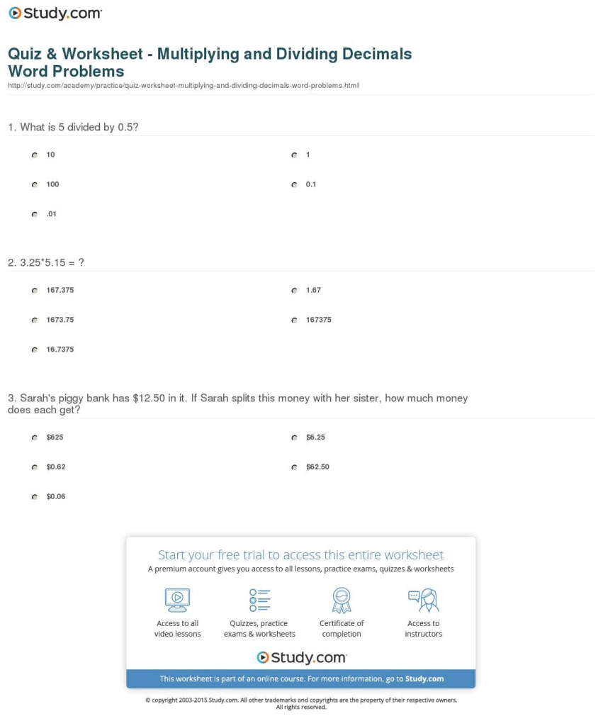 Quiz Worksheet Multiplying And Dividing Decimals Word Db excel