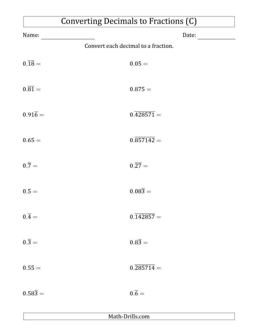 Repeating Decimal To Fraction Worksheet Fraction Worksheets Free Download