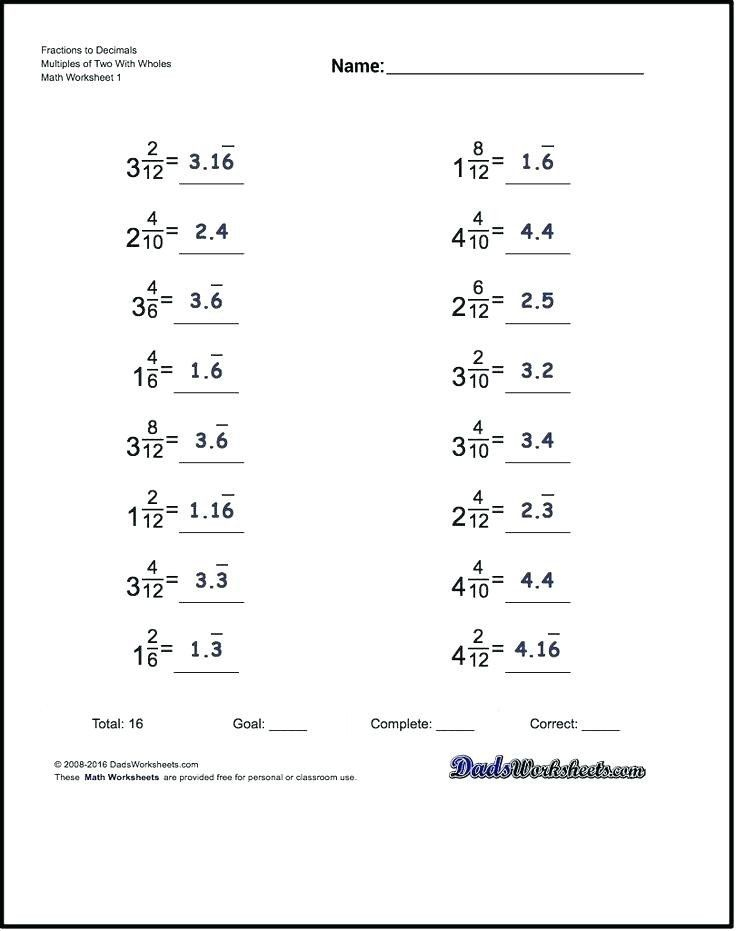 Repeating Decimals To Fractions Worksheet Decimals To Fractions 