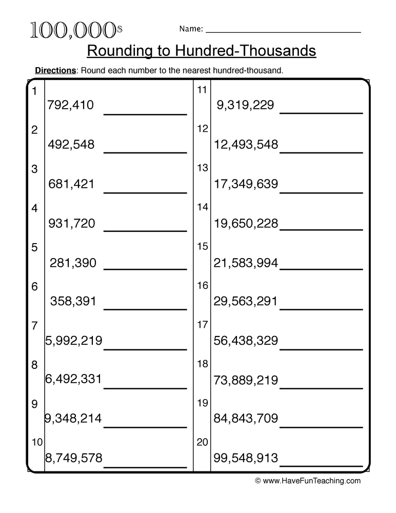 Rounding To Hundred Thousands Worksheet Have Fun Teaching