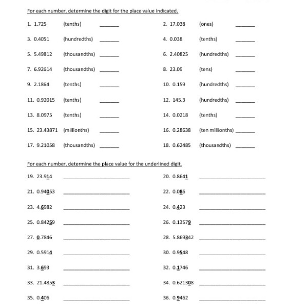 Sixth Grade General Math Decimal Place Values WKS 05 thumbnail In