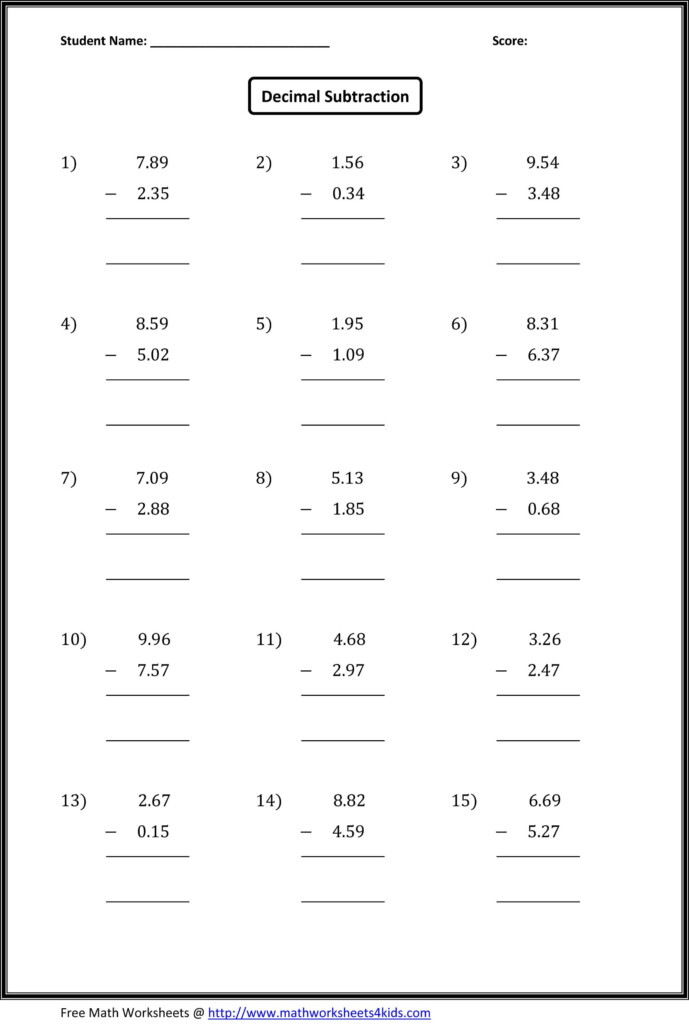 Subtracting Decimals Worksheet 5th Grade Theodore Bailey