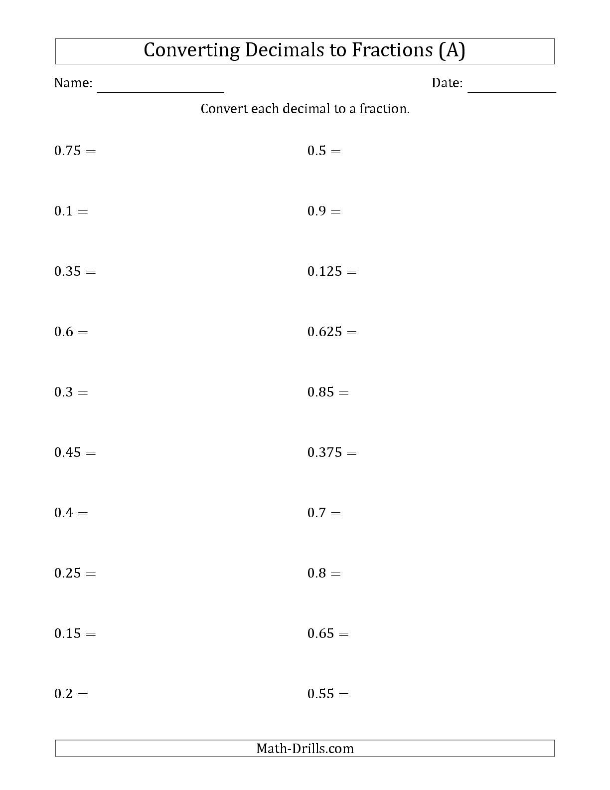 The Converting Terminating Decimals To Fractions A Math Worksheet 