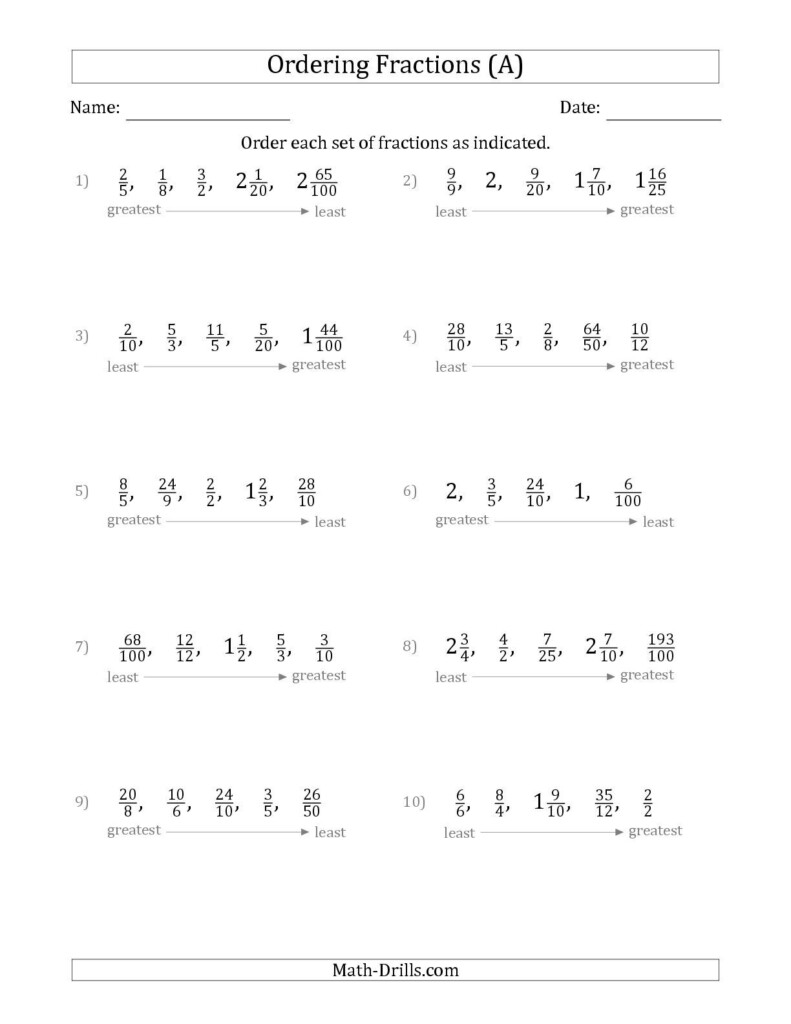 The Ordering Sets Of 5 Positive Fractions With Improper And Mixed 