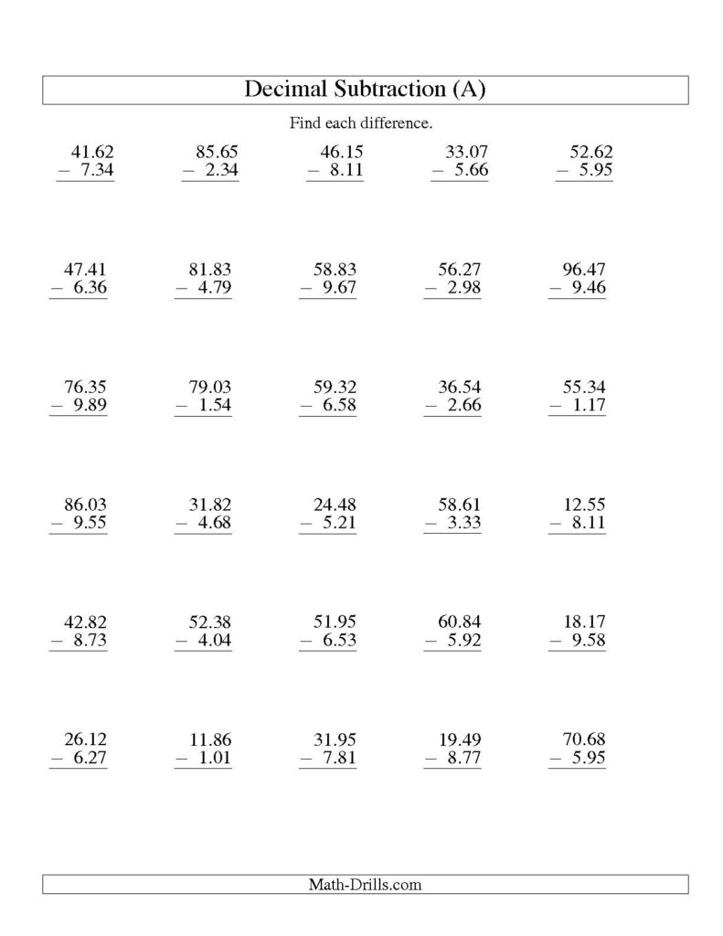 Vertical Decimal Subtraction Subtract Up To 9 99 A Decimals 