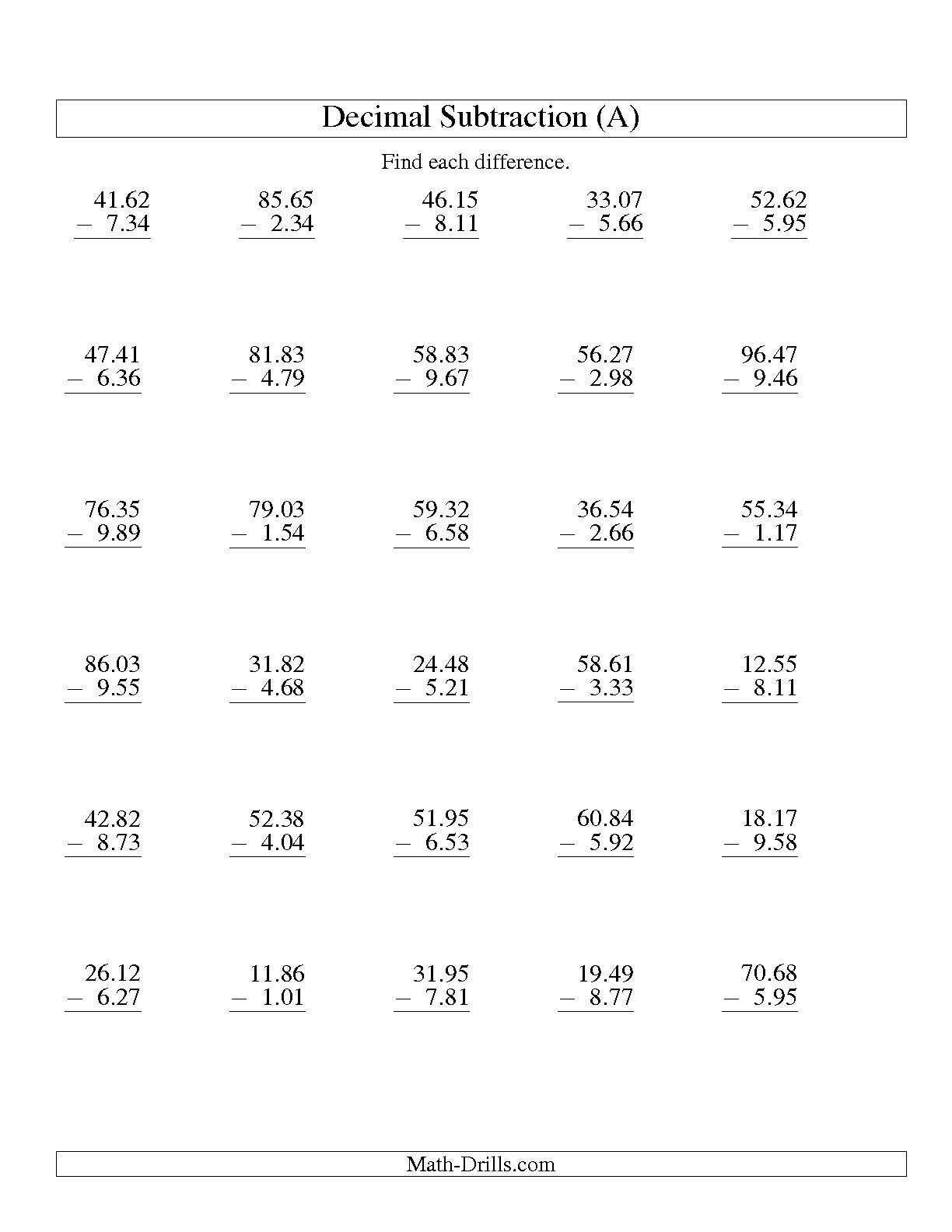 Vertical Decimal Subtraction Subtract Up To 9 99 A Decimals 