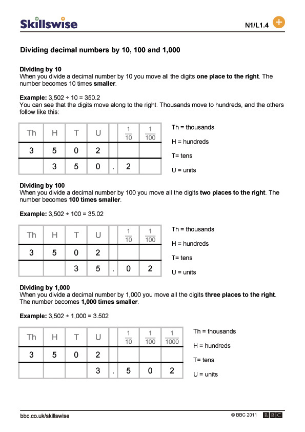 Worksheet Dividing By 10 And 100 Livinghealthybulletin