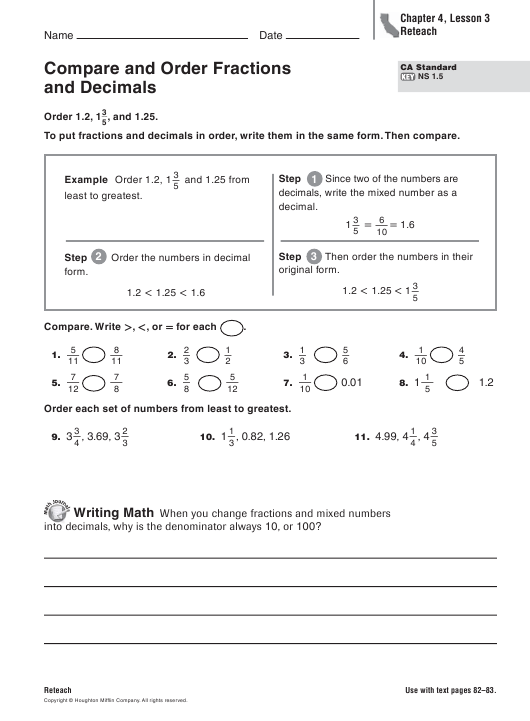 34 Compare And Order Fractions And Decimals Worksheet Support Worksheet