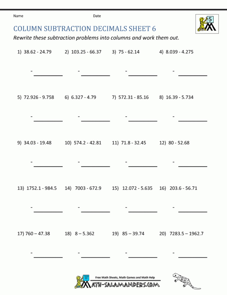 5th Grade Math Practice Subtracing Decimals