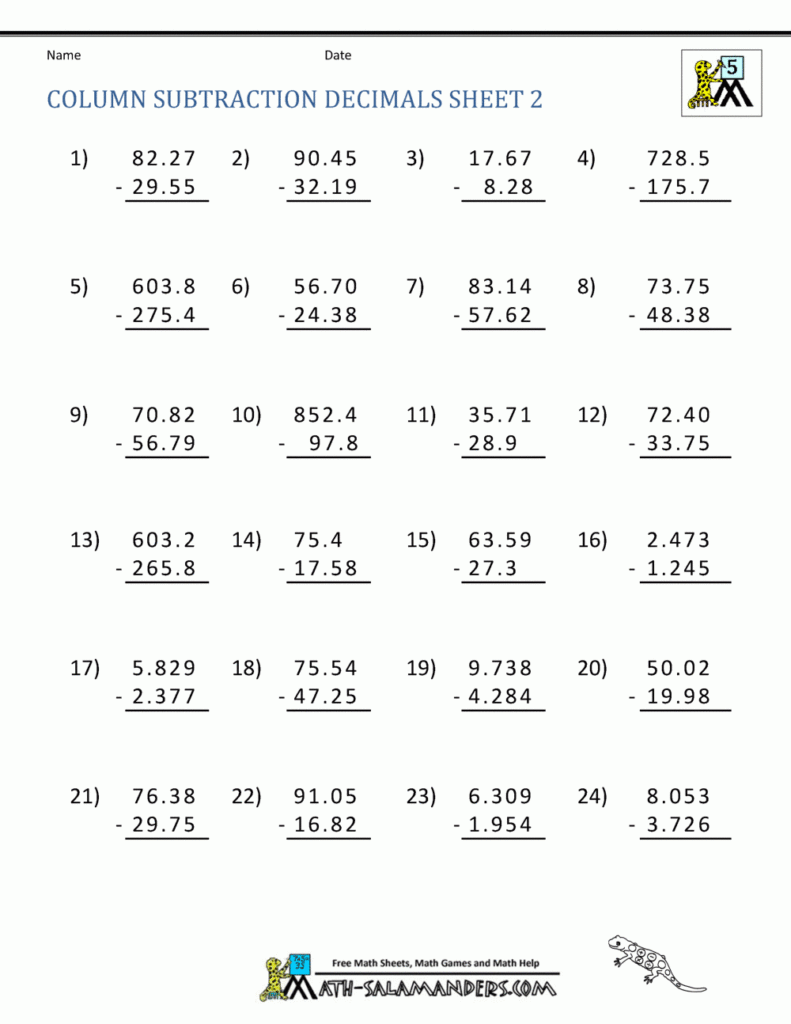 5th Grade Math Practice Subtracing Decimals