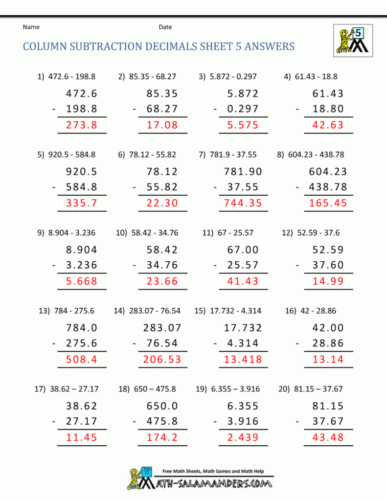 5th Grade Math Practice Subtracing Decimals