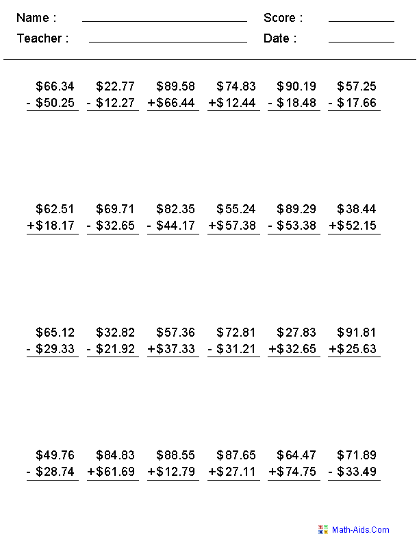 Adding And Subtracting Decimals Worksheet 4th Grade DIY Worksheet