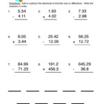 Adding And Subtracting Decimals Worksheets 6th Grade Answer Key