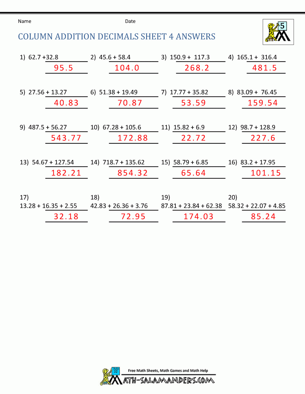 Adding Subtracting Multiplying And Dividing Decimals Worksheet With Answers Decimal Worksheets