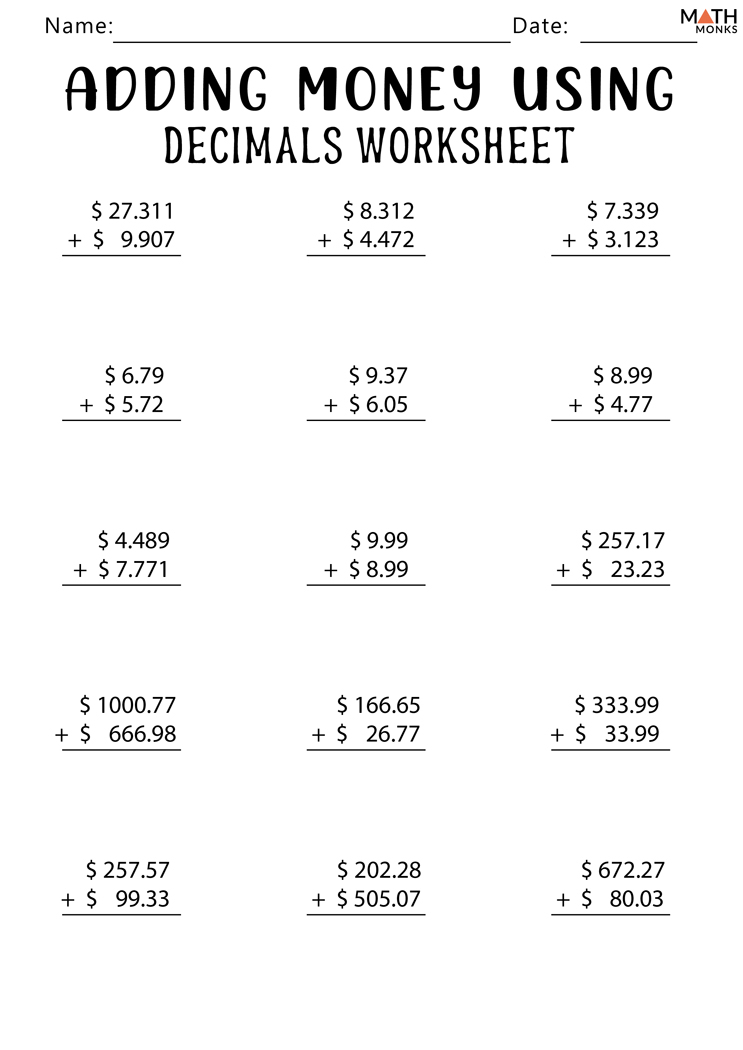 Adding Decimals Worksheets Math Monks