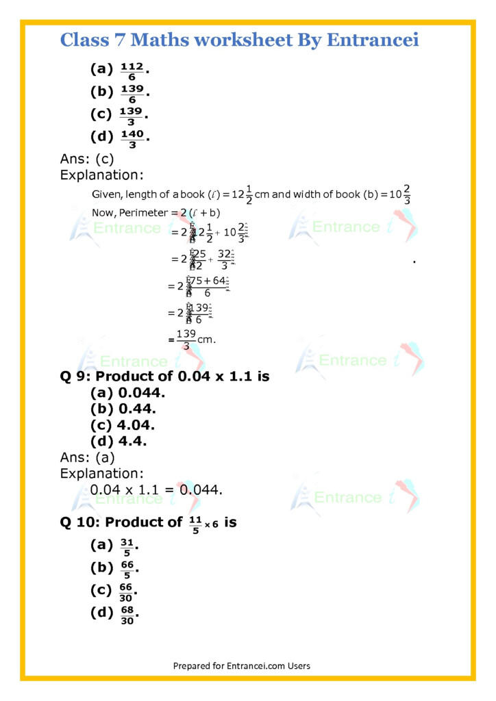 CBSE Class 7 Maths Worksheet For Chapter 2 Fraction And Decimals