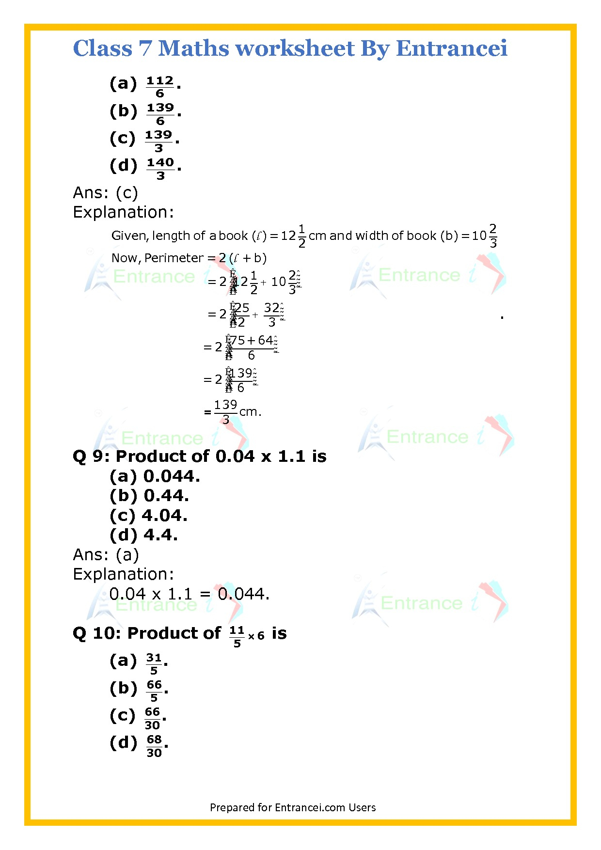 CBSE Class 7 Maths Worksheet For Chapter 2 Fraction And Decimals