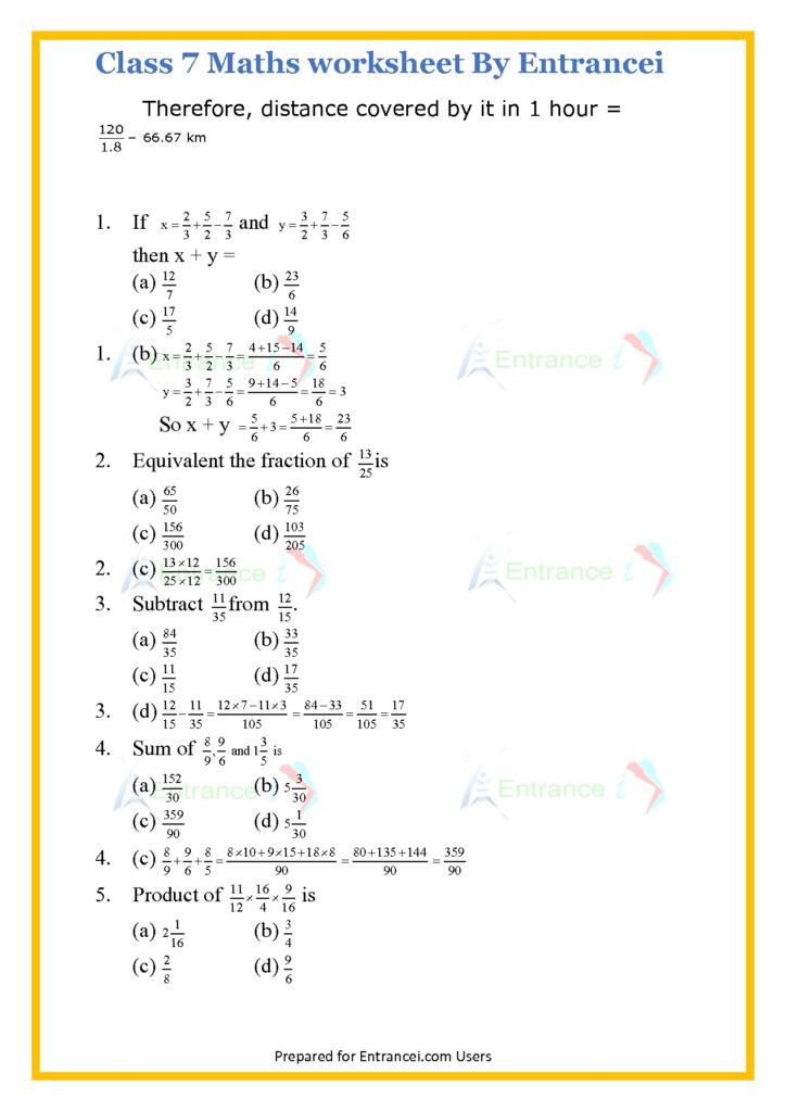 CBSE Class 7 Maths Worksheet For Chapter 2 Fraction And Decimals