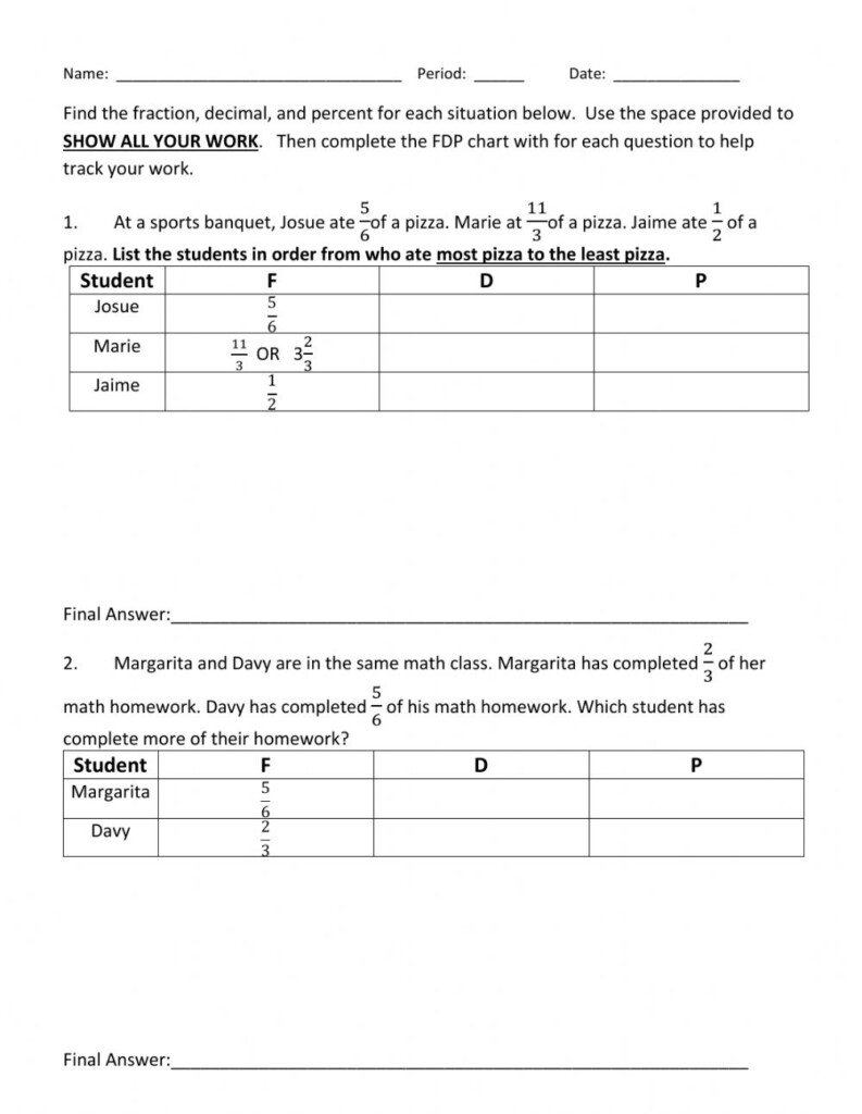 Comparing And Ordering Fractions Decimals And Percents Word Problem 