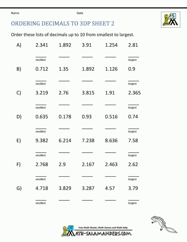 Comparing Decimals Worksheet 5Th Grade Db excel