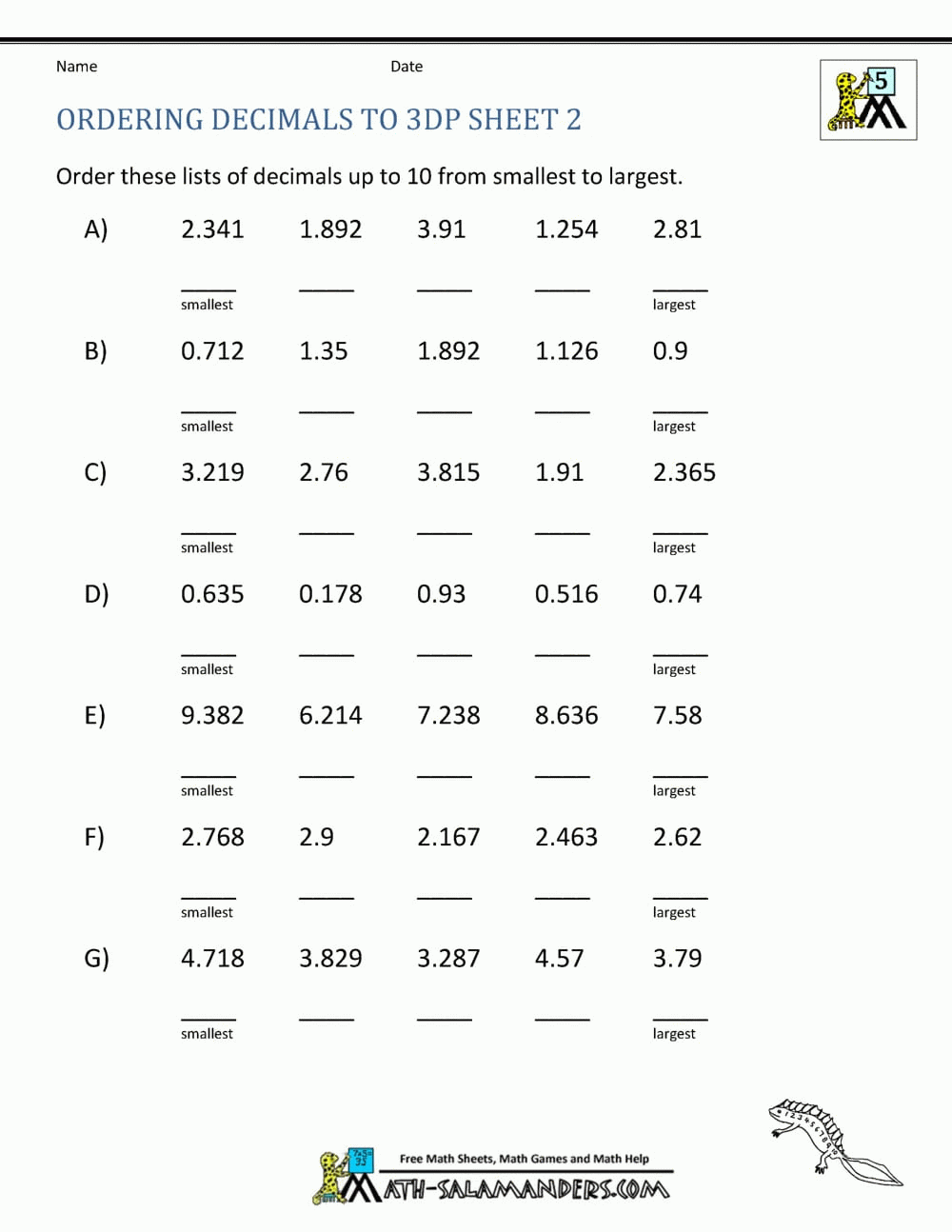 Comparing Decimals Worksheet 5Th Grade Db excel