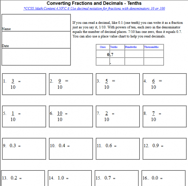 Converting Fractions And Decimals tenths Hundredths Thousandths 