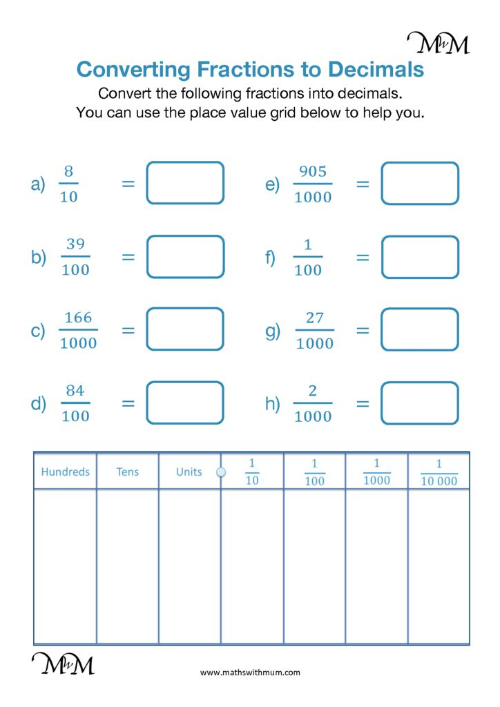 Converting Fractions Denominators Of 10 100 Or 1000 To Decimals 