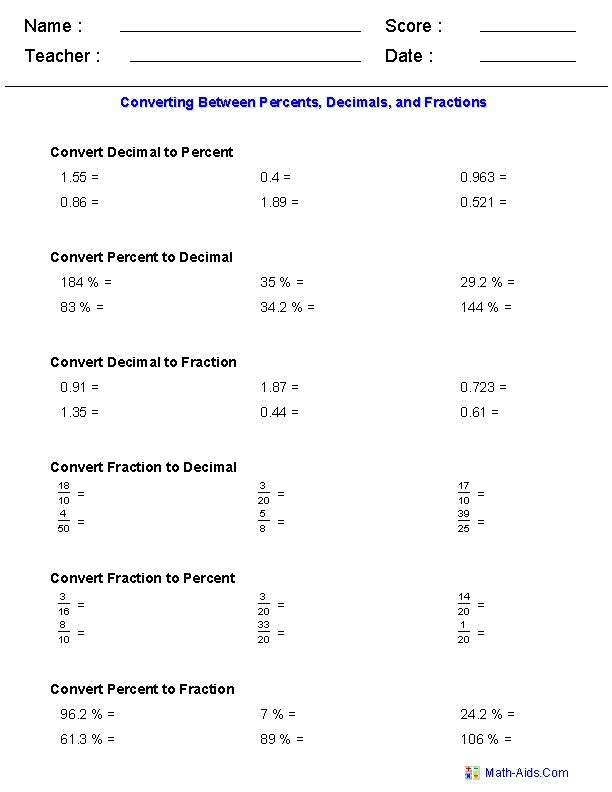 Converting Fractions To Decimals Worksheet 5th Grade Answer Key 