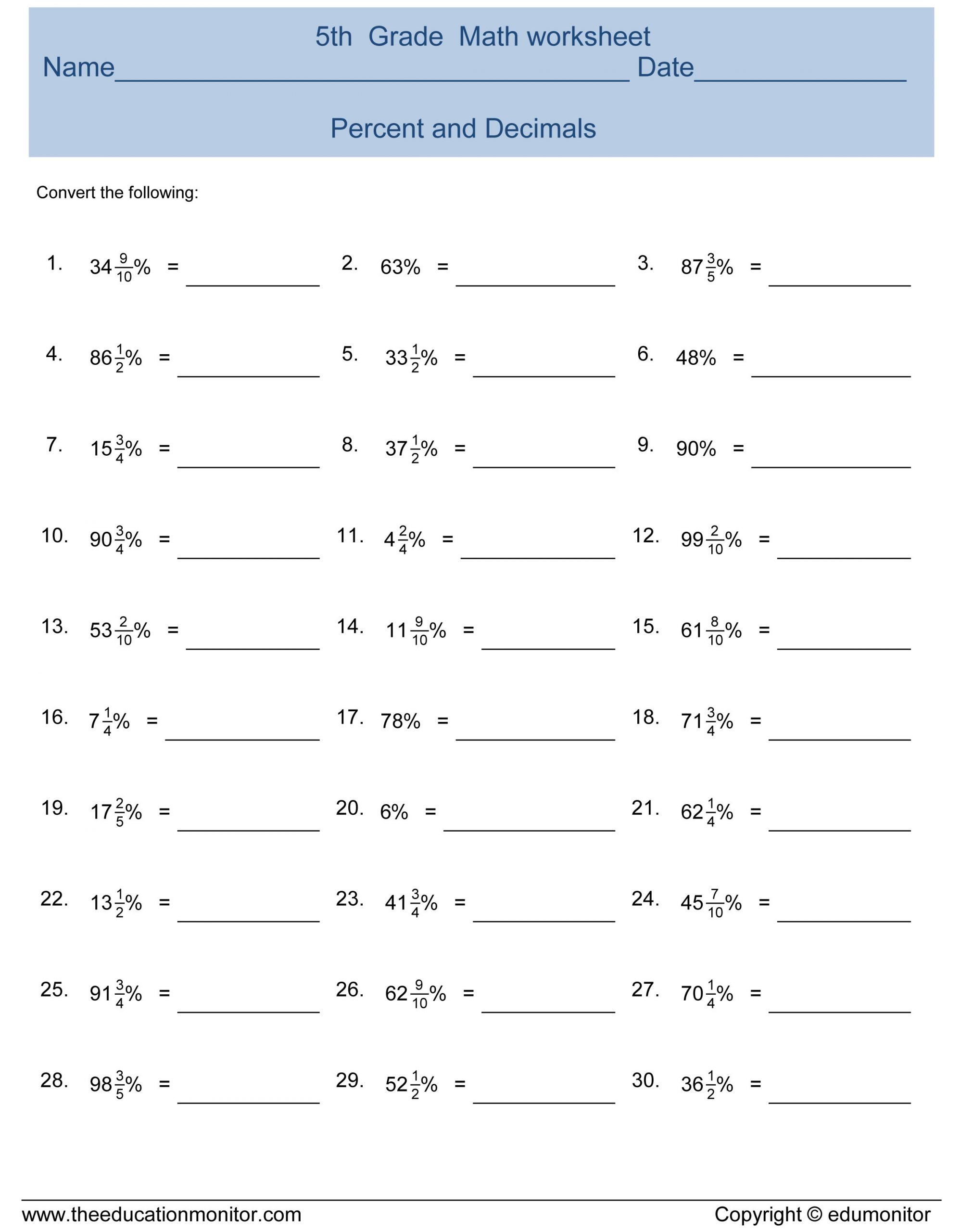 Converting Fractions To Decimals Worksheet 5th Grade Answer Key 