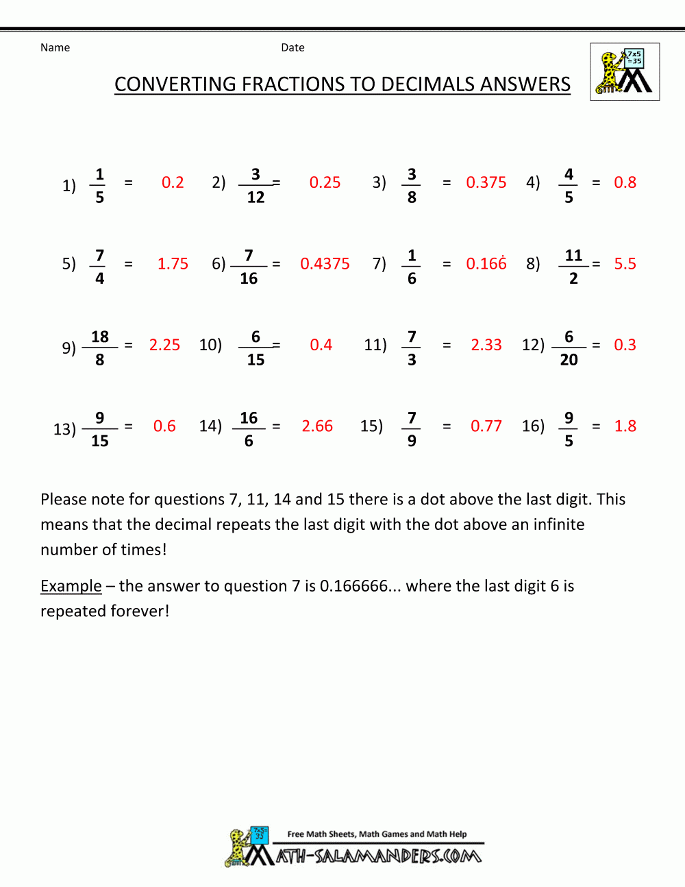 Converting Repeating Decimals To Fractions Worksheet Answer Key