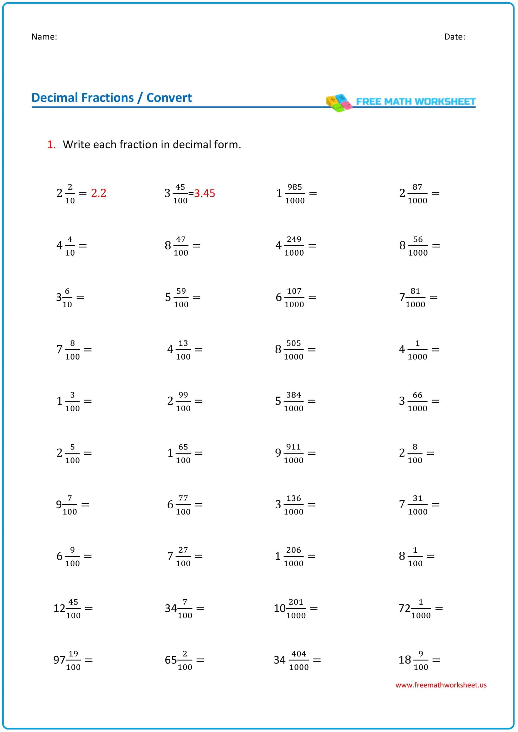 Converting Fractions To Decimals Worksheet Worksheets Free Download