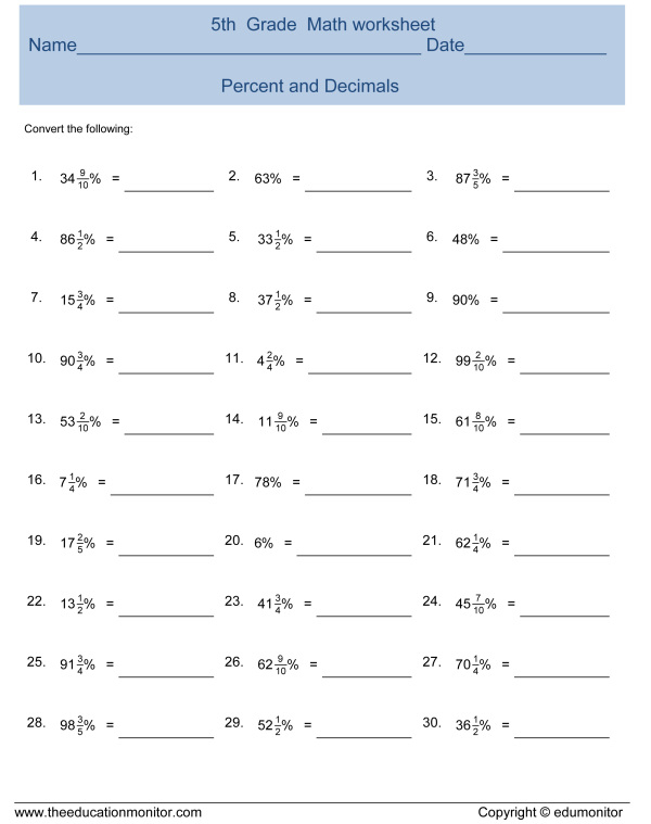 Converting Percentages To Decimals Worksheet For Kids