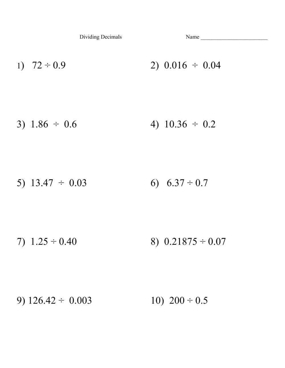 Decimal Dividing Decimals By Decimals 9 2 Worksheet